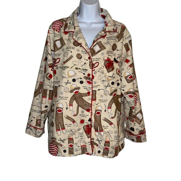 Nick & Nora Other - Nick & Nora Flannel Sock Monkey Pajama Top Womens XXL Plus Size Soft Sewing